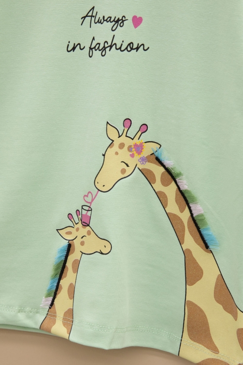 Yeşil Zürafa Baskılı Fırfırlı Kız Bebek Kısa Kol Tişört 20993