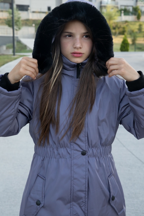 Antrasit Çıtçıtlı Cepli Esnek Bel İçi Kürklü Kız Çocuk Kapüşonlu Mont 21308