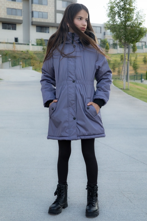 Antrasit Çıtçıtlı Cepli Esnek Bel İçi Kürklü Kız Çocuk Kapüşonlu Mont 21308