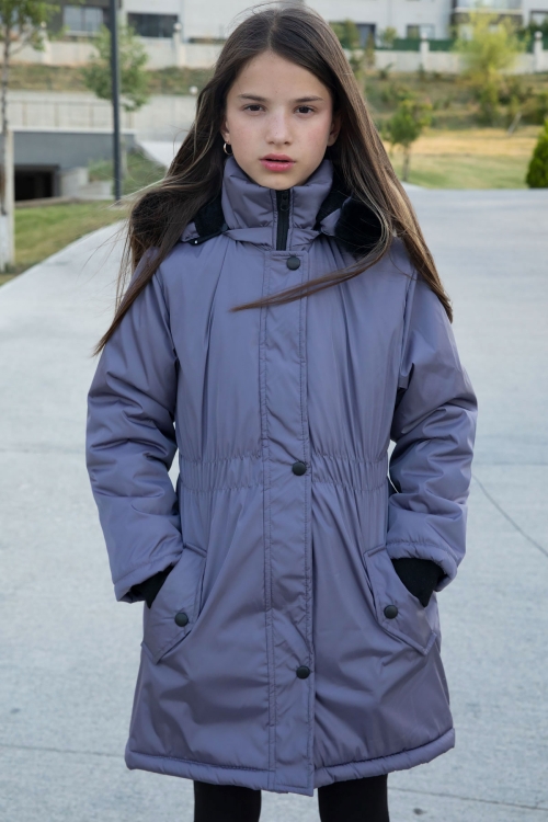 Antrasit Çıtçıtlı Cepli Esnek Bel İçi Kürklü Kız Çocuk Kapüşonlu Mont 21308