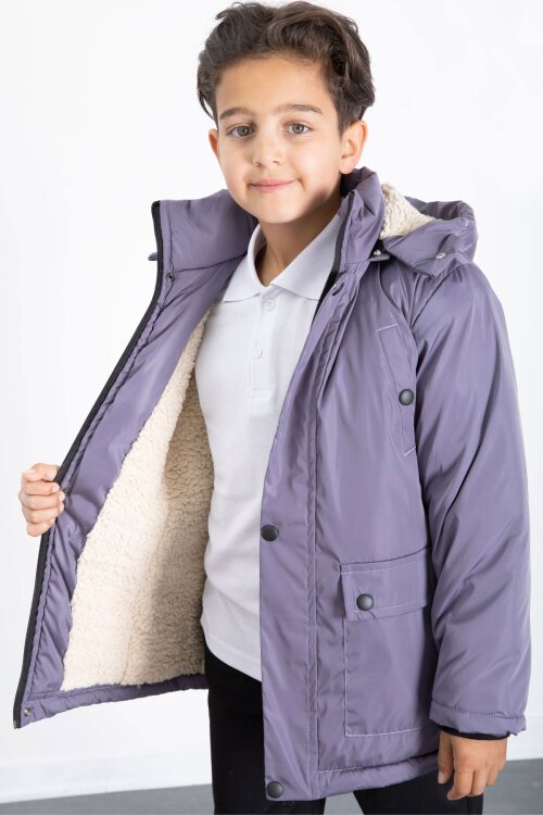 Antrasit İçi Kürklü Çıkarılabilir Kapüşonlu Basic Erkek Çocuk Şişme Mont 21443