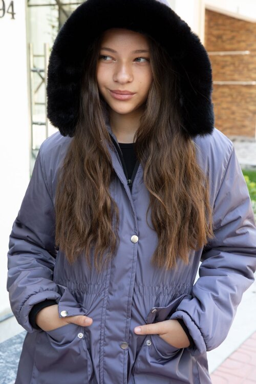 Antrasit Kapaklı Cepli İçi Kürklü Çıkarılabilir Kapüşonlu Kız Çocuk Şişme Mont 21523