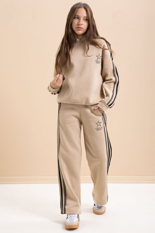 Bej 3 İplik Şardonlu Şeritli Dantel  Detaylı Kız Çocuk Kapüşonlu Eşofman Takımı  22723