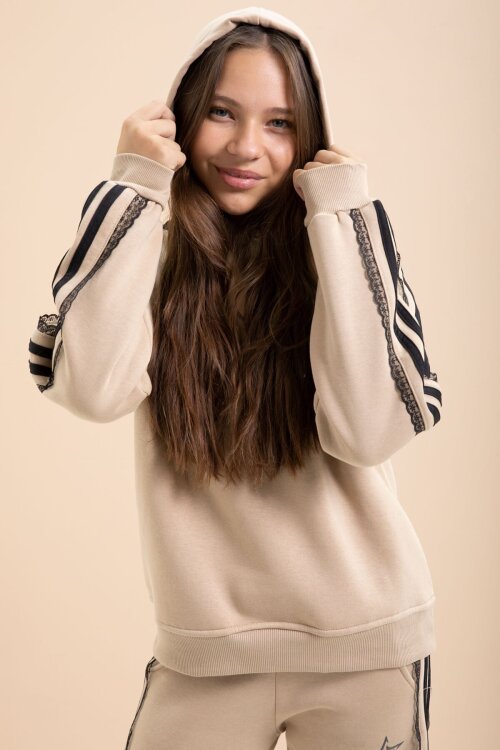 Bej 3 İplik Şardonlu Şeritli Dantel  Detaylı Kız Çocuk Kapüşonlu Eşofman Takımı  22723