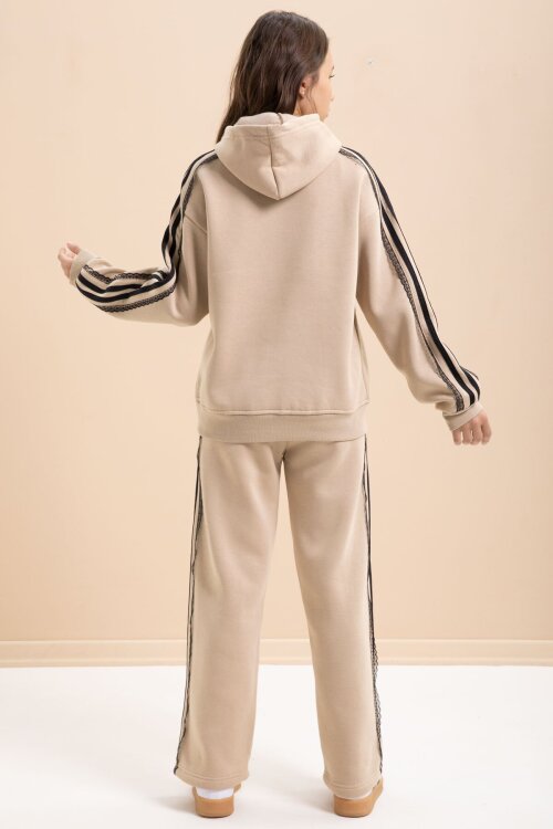 Bej 3 İplik Şardonlu Şeritli Dantel  Detaylı Kız Çocuk Kapüşonlu Eşofman Takımı  22723