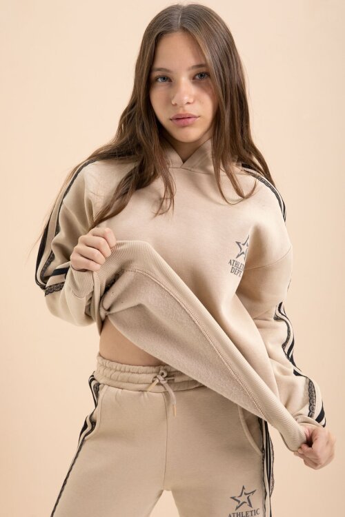 Bej 3 İplik Şardonlu Şeritli Dantel  Detaylı Kız Çocuk Kapüşonlu Eşofman Takımı  22723