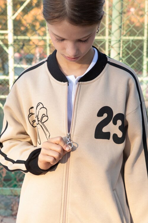 Bej Beautifull Yazılı Kolu Şeritli Kız Çocuk Kolej Hırka 21195