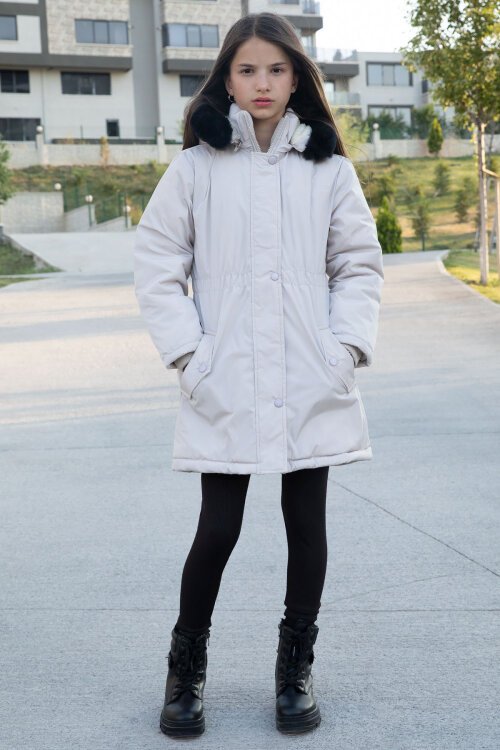 Bej Çıtçıtlı Cepli Esnek Bel İçi Kürklü Kız Çocuk Kapüşonlu Mont 21302