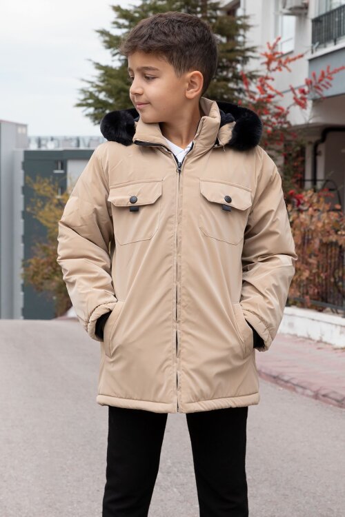 Bej Çıtçıtlı Göğüs Cepli İçi Kürklü Erkek Çocuk Kapüşonlu Mont 21352