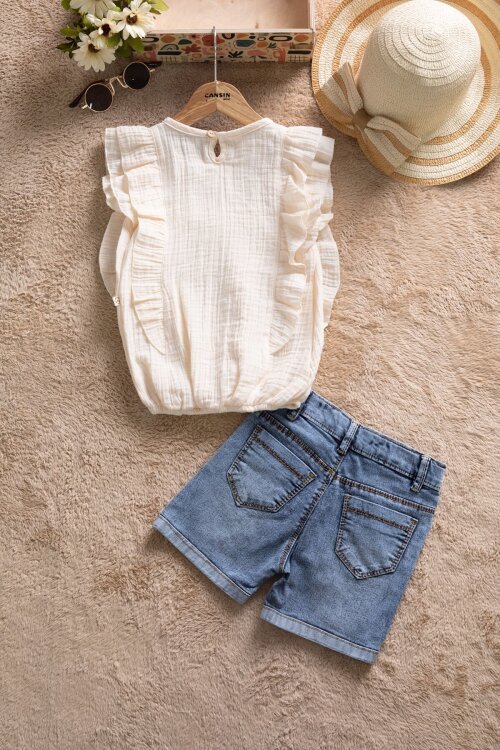 Bej Dantel Detaylı Bluzlu Jean Şortlu Kız Çocuk 2li Takım 22663