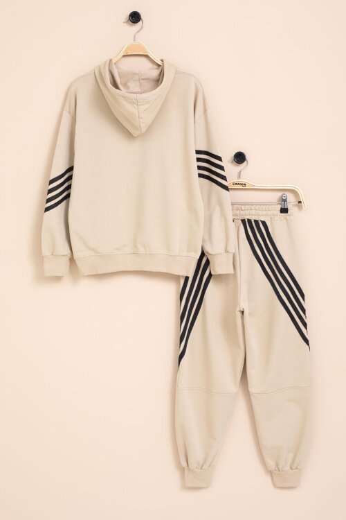 Bej Erkek Çocuk Keep Going Yazılı Şeritli Erkek Çocuk Kapüşonlu Eşofman Takımı 23420