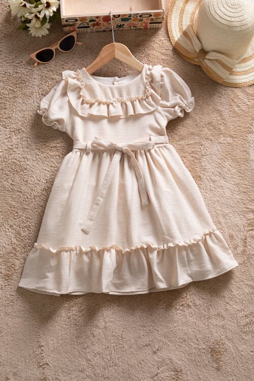 Bej Fırfır Detaylı Kuşaklı Kız Çocuk Kısa Kol Elbise 22686