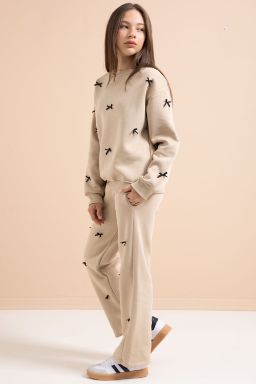 Bej Fiyonk Nakışlı Bisiklet Yaka Kız Çocuk Şardonlu Eşofman Takımı 21287