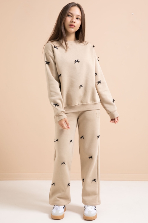 Bej Fiyonk Nakışlı Bisiklet Yaka Kız Çocuk Şardonlu Eşofman Takımı 21287