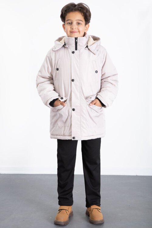 Bej İçi Kürklü Çıkarılabilir Kapüşonlu Basic Erkek Çocuk Şişme Mont 21441