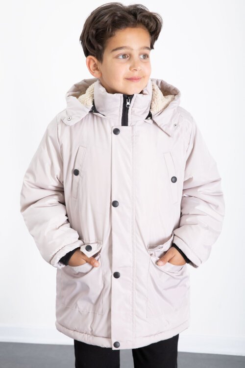 Bej İçi Kürklü Çıkarılabilir Kapüşonlu Basic Erkek Çocuk Şişme Mont 21441