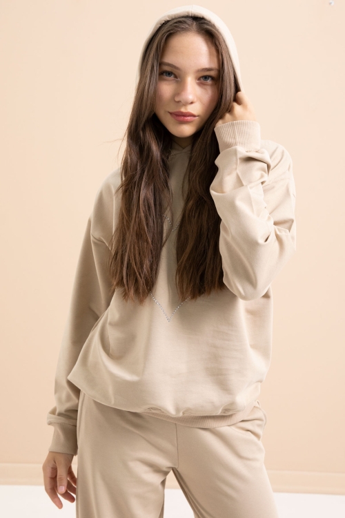 Bej Kalp Desenli Kapüşonlu Kız Çocuk Eşofman Takımı 21254