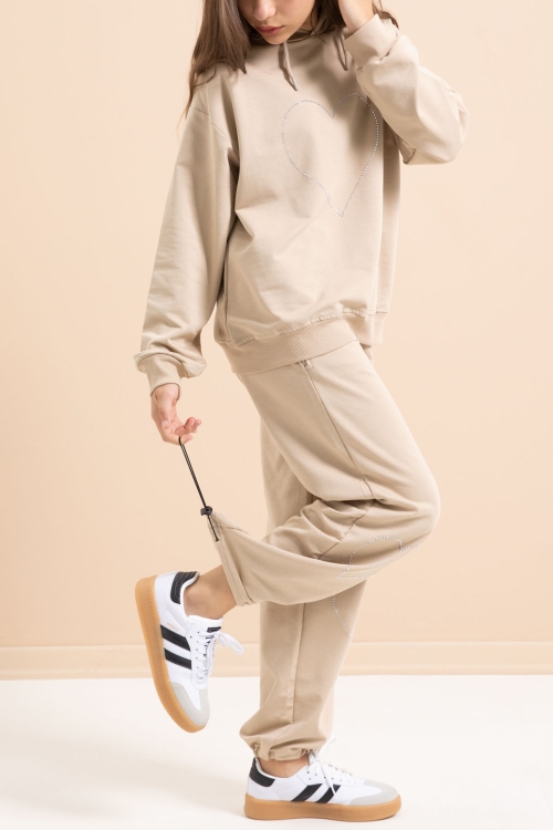 Bej Kalp Desenli Kapüşonlu Kız Çocuk Eşofman Takımı 21254