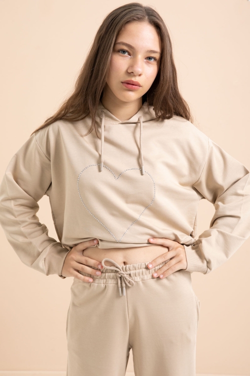 Bej Kalp Desenli Kapüşonlu Kız Çocuk Eşofman Takımı 21254