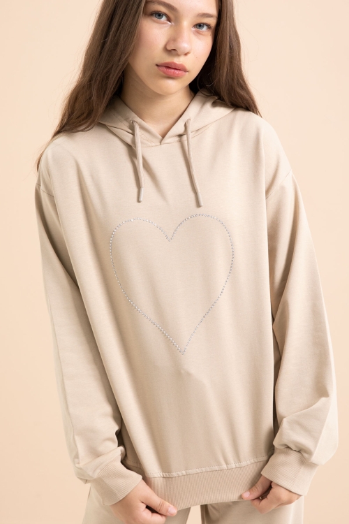 Bej Kalp Desenli Kapüşonlu Kız Çocuk Eşofman Takımı 21254