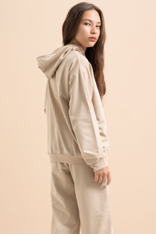 Bej Kalp Desenli Kapüşonlu Kız Çocuk Eşofman Takımı 21254