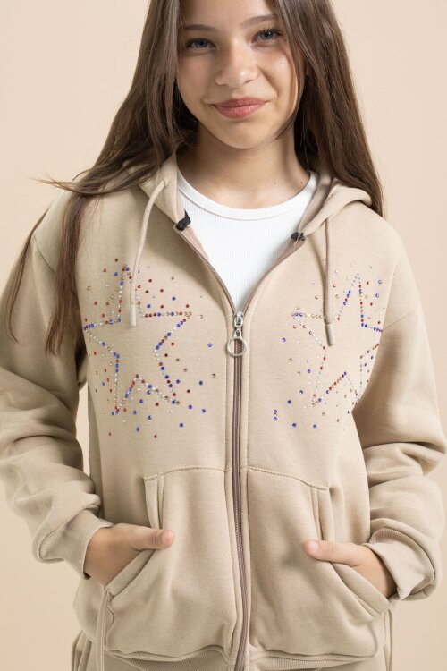 Bej Kız Çocuk Şardonlu Boncuk İşlemeli 2li Takım 21417