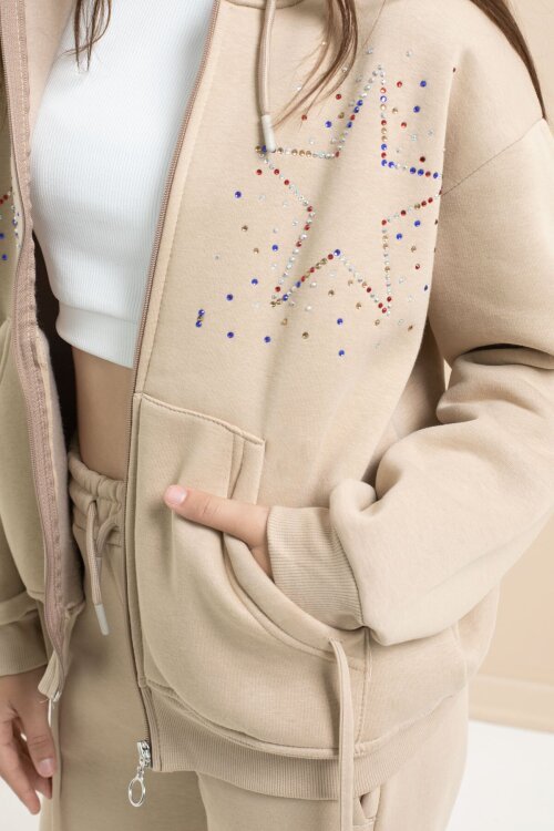 Bej Kız Çocuk Şardonlu Boncuk İşlemeli 2li Takım 21417