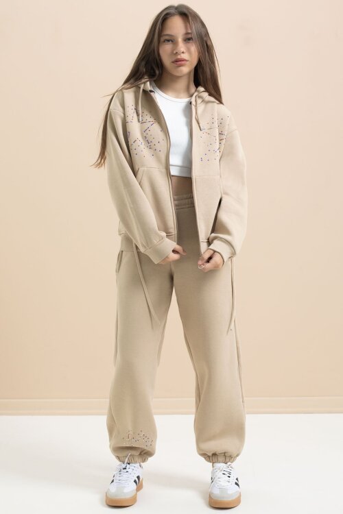 Bej Kız Çocuk Şardonlu Boncuk İşlemeli 2li Takım 21417