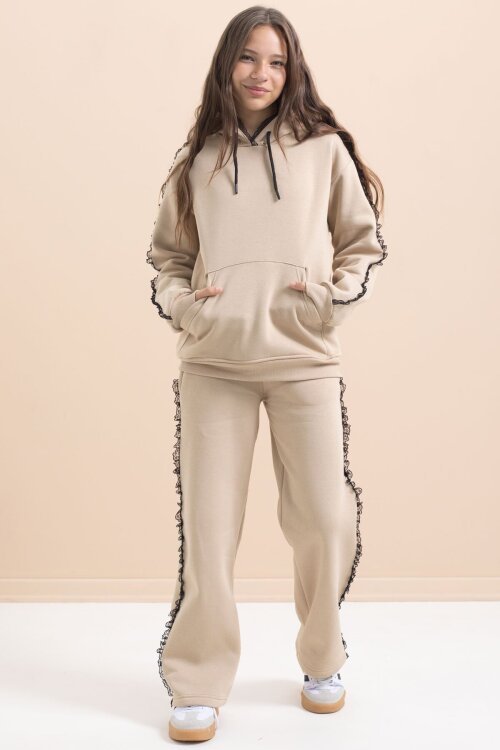 Bej Kız Çocuk Şardonlu Dantel Detaylı 3 İplik Takım 21506