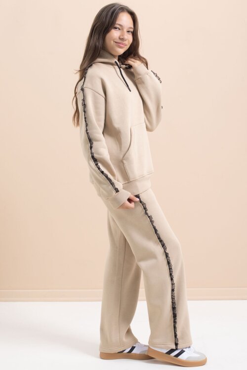 Bej Kız Çocuk Şardonlu Dantel Detaylı 3 İplik Takım 21506