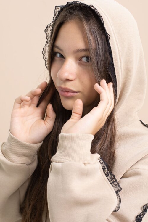 Bej Kız Çocuk Şardonlu Dantel Detaylı 3 İplik Takım 21506