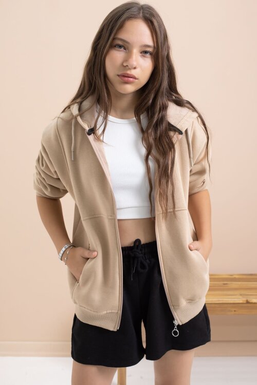 Bej Kız Çocuk Şardonlu Kapüşonlu Hırka 21522