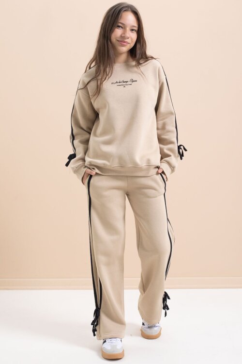 Bej Kız Çocuk Şerit Detaylı 3 İplik Şardonlu Takım 21516