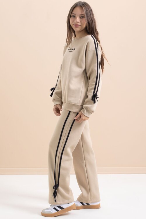 Bej Kız Çocuk Şerit Detaylı 3 İplik Şardonlu Takım 21516