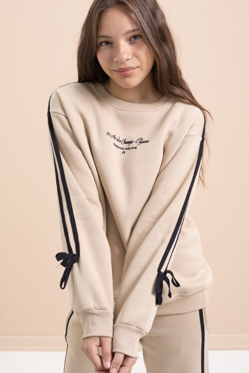 Bej Kız Çocuk Şerit Detaylı 3 İplik Şardonlu Takım 21516