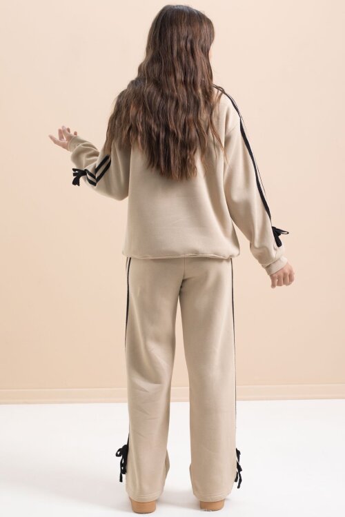 Bej Kız Çocuk Şerit Detaylı 3 İplik Şardonlu Takım 21516