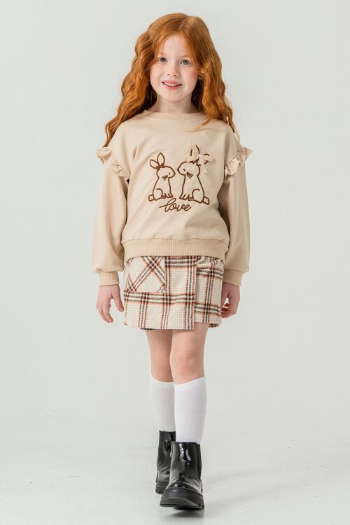 Bej Kız Çocuk Tavşan Nakışlı Ekose Desenli Şort Etekli 2li Takım 21539