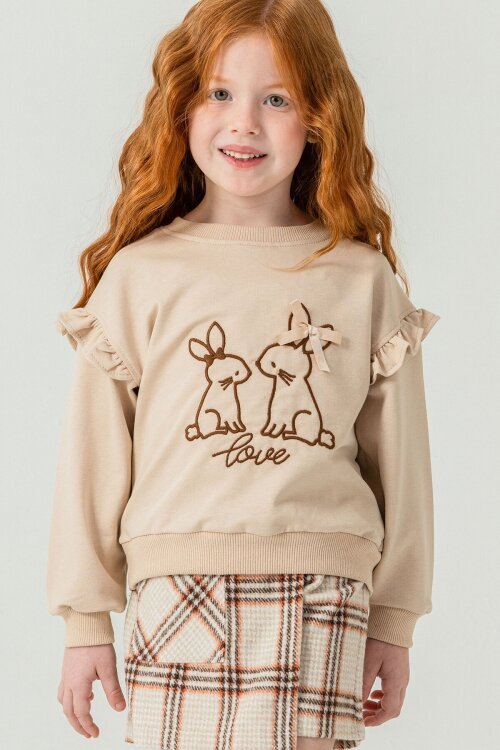 Bej Kız Çocuk Tavşan Nakışlı Ekose Desenli Şort Etekli 2li Takım 21539