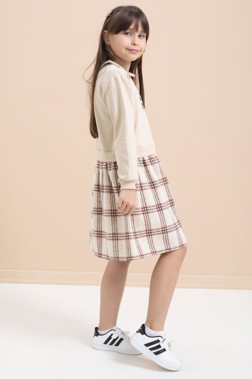 Bej Kız Çocuk Yazı Baskılı Ekose Desenli Elbise 21545