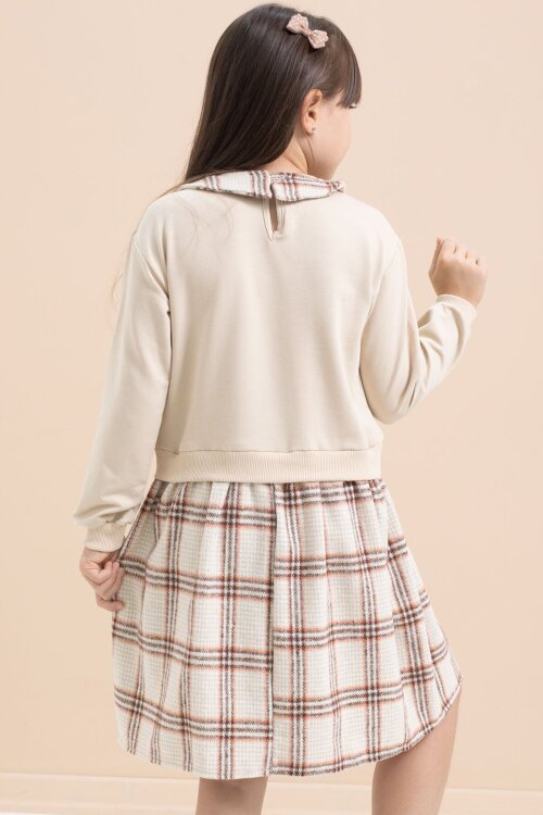 Bej Kız Çocuk Yazı Baskılı Ekose Desenli Elbise 21545