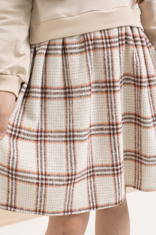 Bej Kız Çocuk Yazı Baskılı Ekose Desenli Elbise 21545