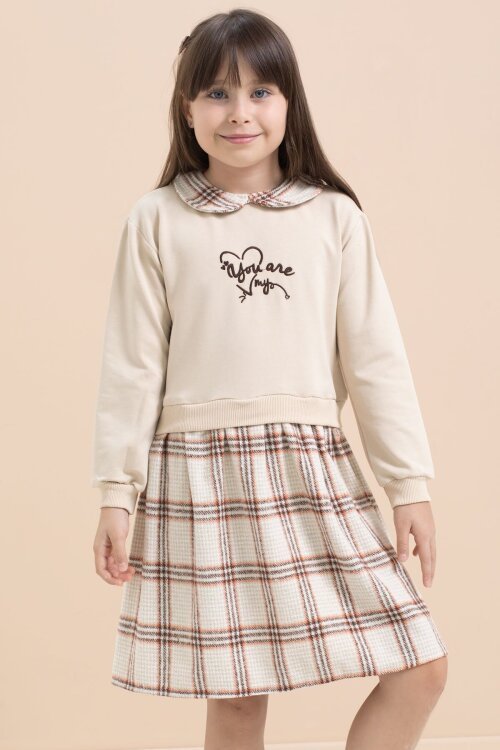 Bej Kız Çocuk Yazı Baskılı Ekose Desenli Elbise 21545