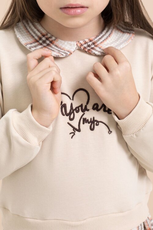 Bej Kız Çocuk Yazı Baskılı Ekose Desenli Elbise 21545