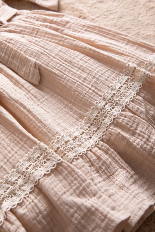 Bej Kolları Dantel Detaylı Kuşaklı Kız Çocuk Müslin Elbise 22670
