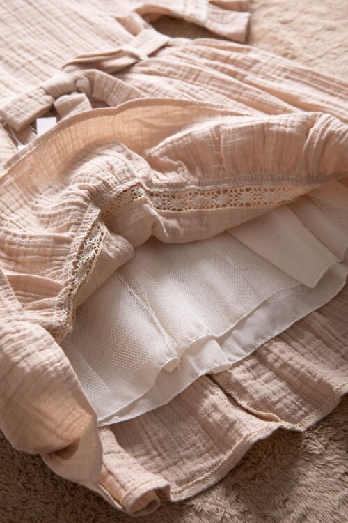 Bej Kolları Dantel Detaylı Kuşaklı Kız Çocuk Müslin Elbise 22670