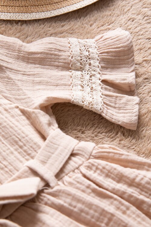 Bej Kolları Dantel Detaylı Kuşaklı Kız Çocuk Müslin Elbise 22670