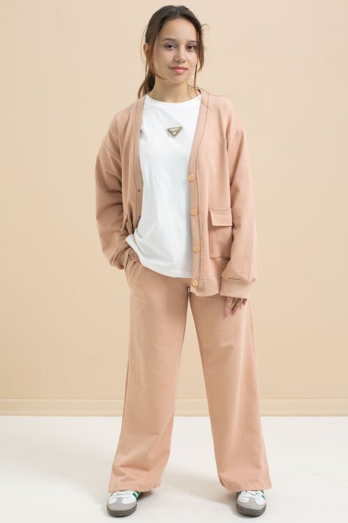 Bej Logo Detaylı Düğmeli Hırkalı kız Çocuk Yırtmaçlı 3lü Atl-Üst Takım 21377