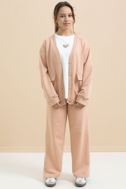 Bej Logo Detaylı Düğmeli Hırkalı kız Çocuk Yırtmaçlı 3lü Atl-Üst Takım 21377