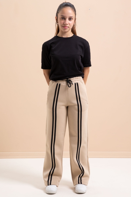 Bej Önü Şeritli Geniş Paça Şardonlu  Kız Çocuk Basic Eşofman Altı 21276