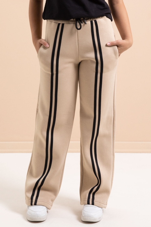 Bej Önü Şeritli Geniş Paça Şardonlu  Kız Çocuk Basic Eşofman Altı 21276